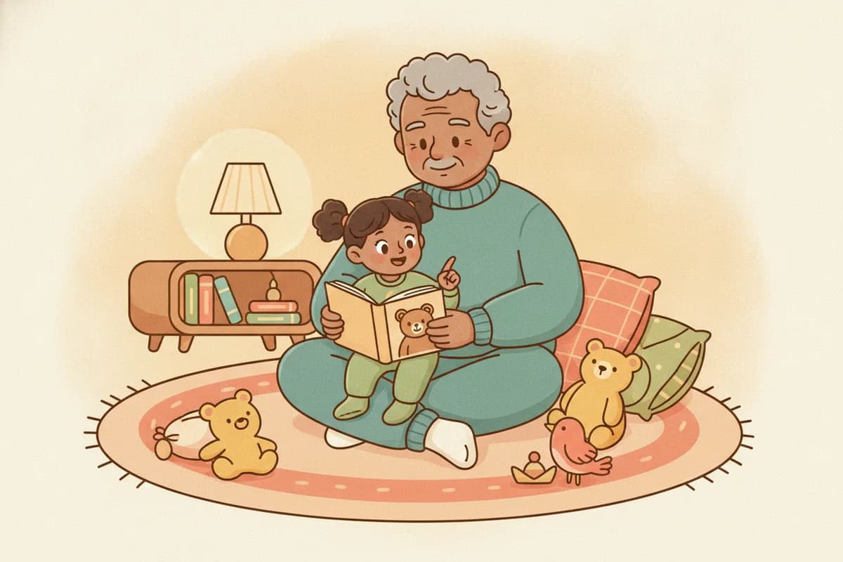 A warm chibi illustration of a grandfather reading a bear picture book to a toddler girl on his lap, a lamp and bookshelf beside them at bedtime.