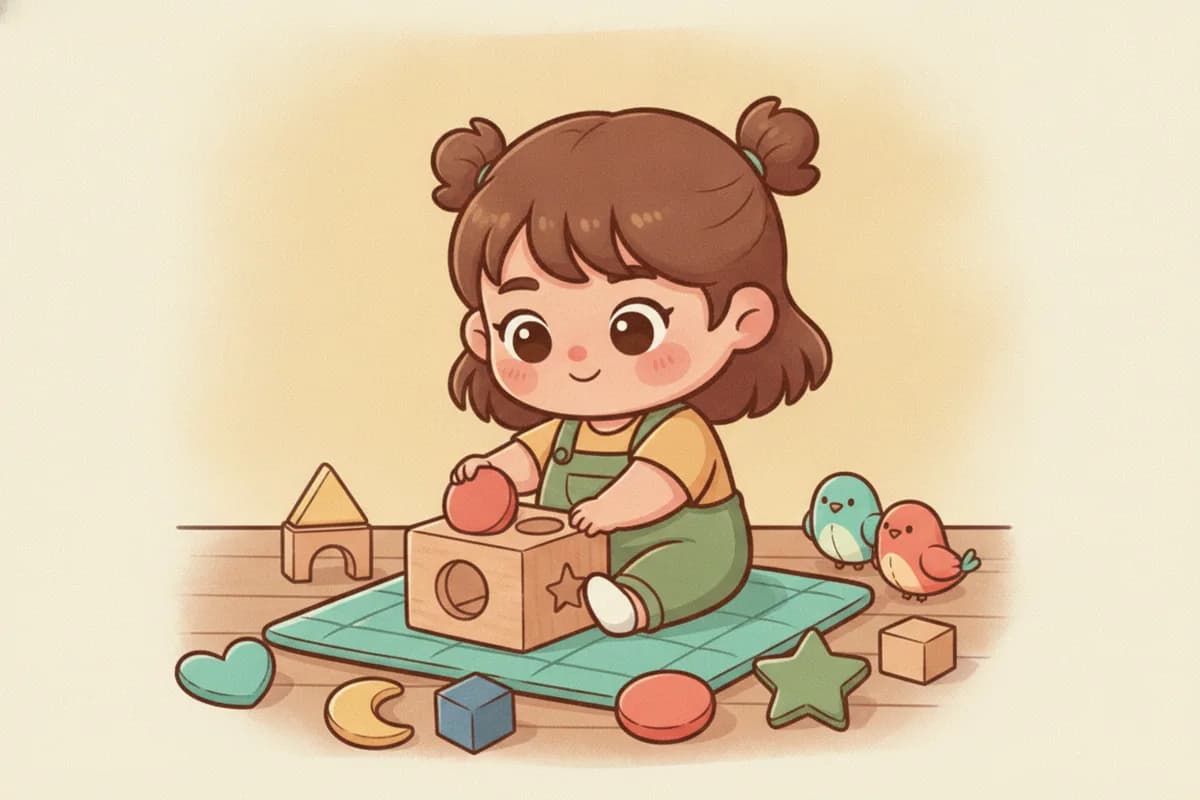 A warm chibi illustration of a toddler girl playing with colorful shapes and jars of counters on the floor, exploring colors, shapes, and counting.