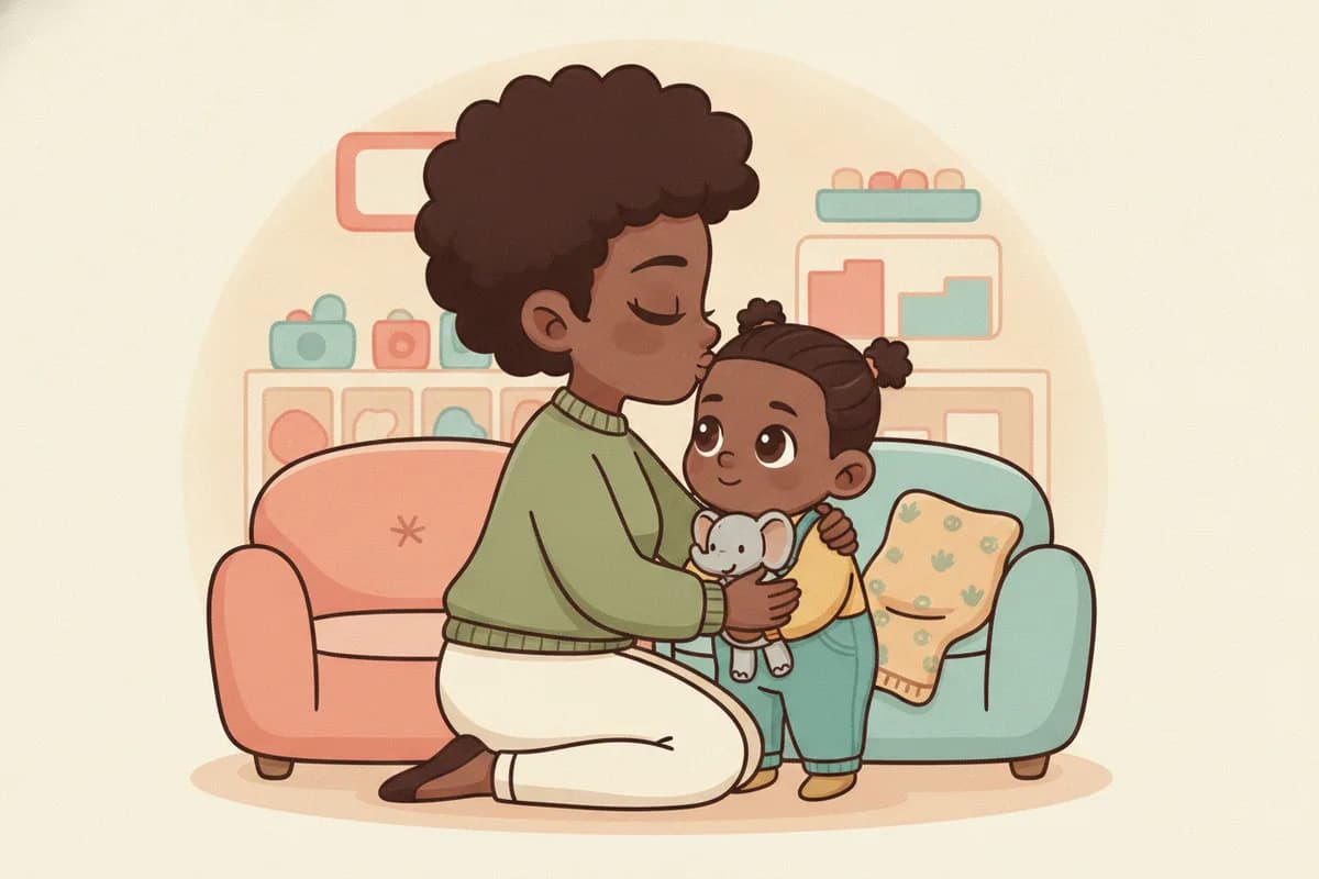 A warm chibi illustration of a mother kneeling to kiss her toddler on the head at daycare, the child holding a stuffed elephant, with cubbies and a sofa behind them.