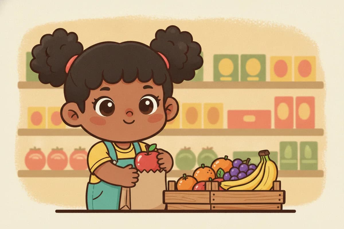 A warm chibi illustration of a toddler girl placing an apple into a paper grocery bag beside a crate of fruit, with stocked grocery shelves behind her.