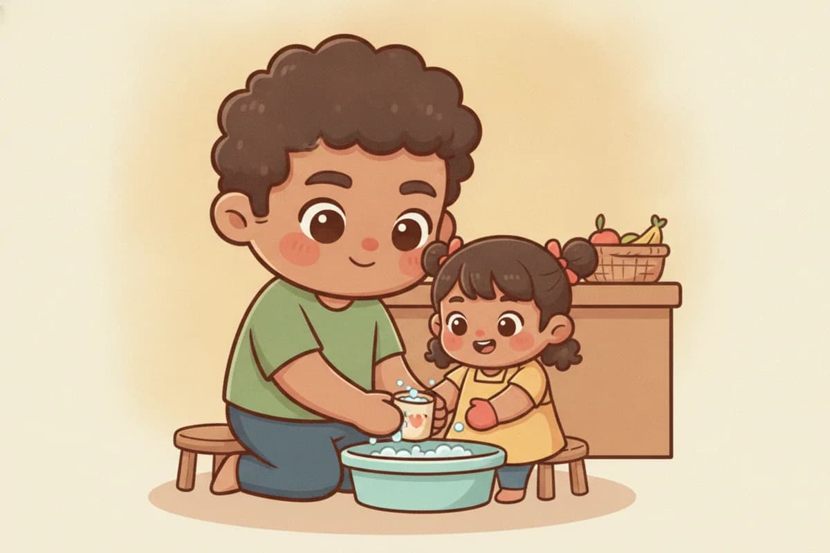 A warm chibi illustration of a father and toddler daughter washing vegetables together in a bowl at the kitchen counter.