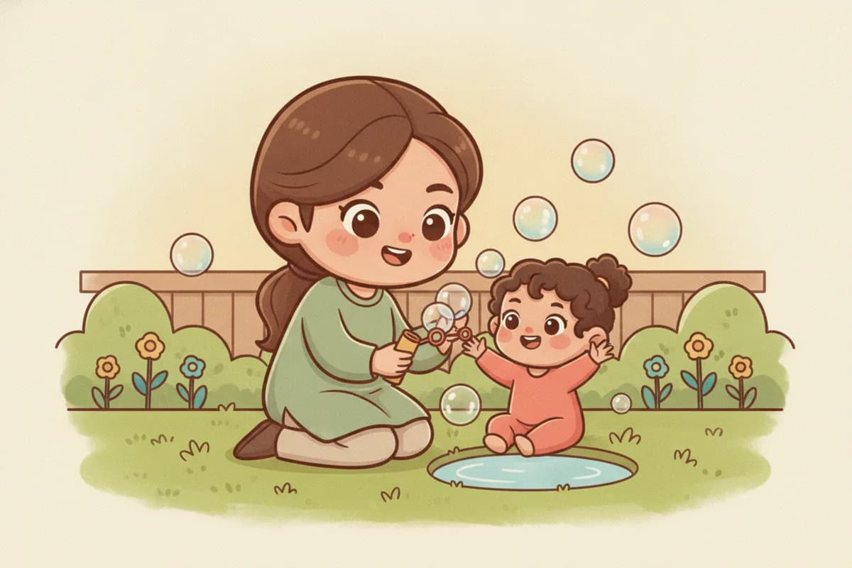 A warm chibi illustration of a mother and toddler daughter crouched by a small garden pond, scooping a ladybug on a leaf with a net.
