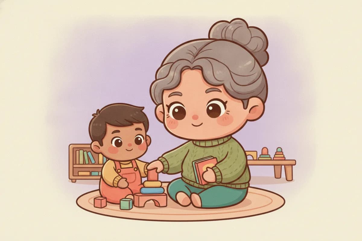 A warm chibi illustration of a grandmother and toddler playing side by side with stacking toys and blocks on the floor.