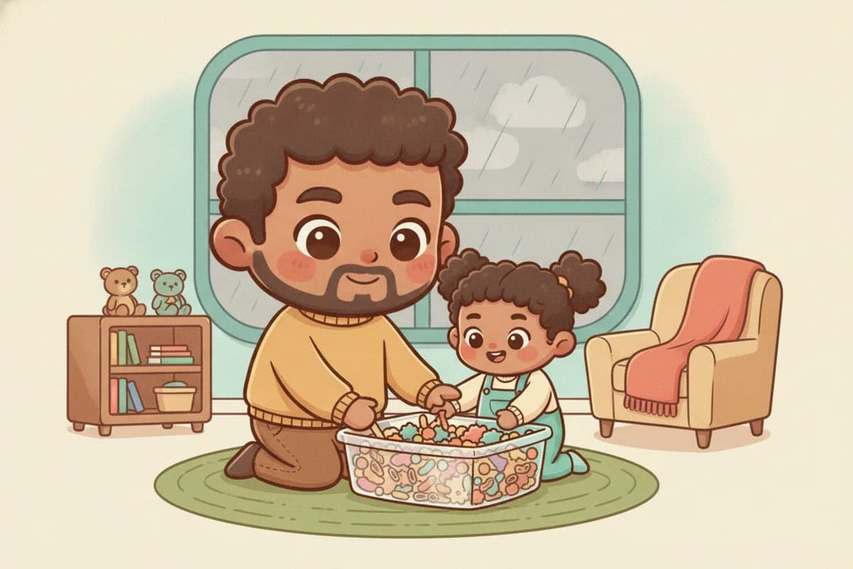 A warm chibi illustration of a father playing peekaboo with a laughing toddler under a light blanket indoors, with rain running down the window behind them.