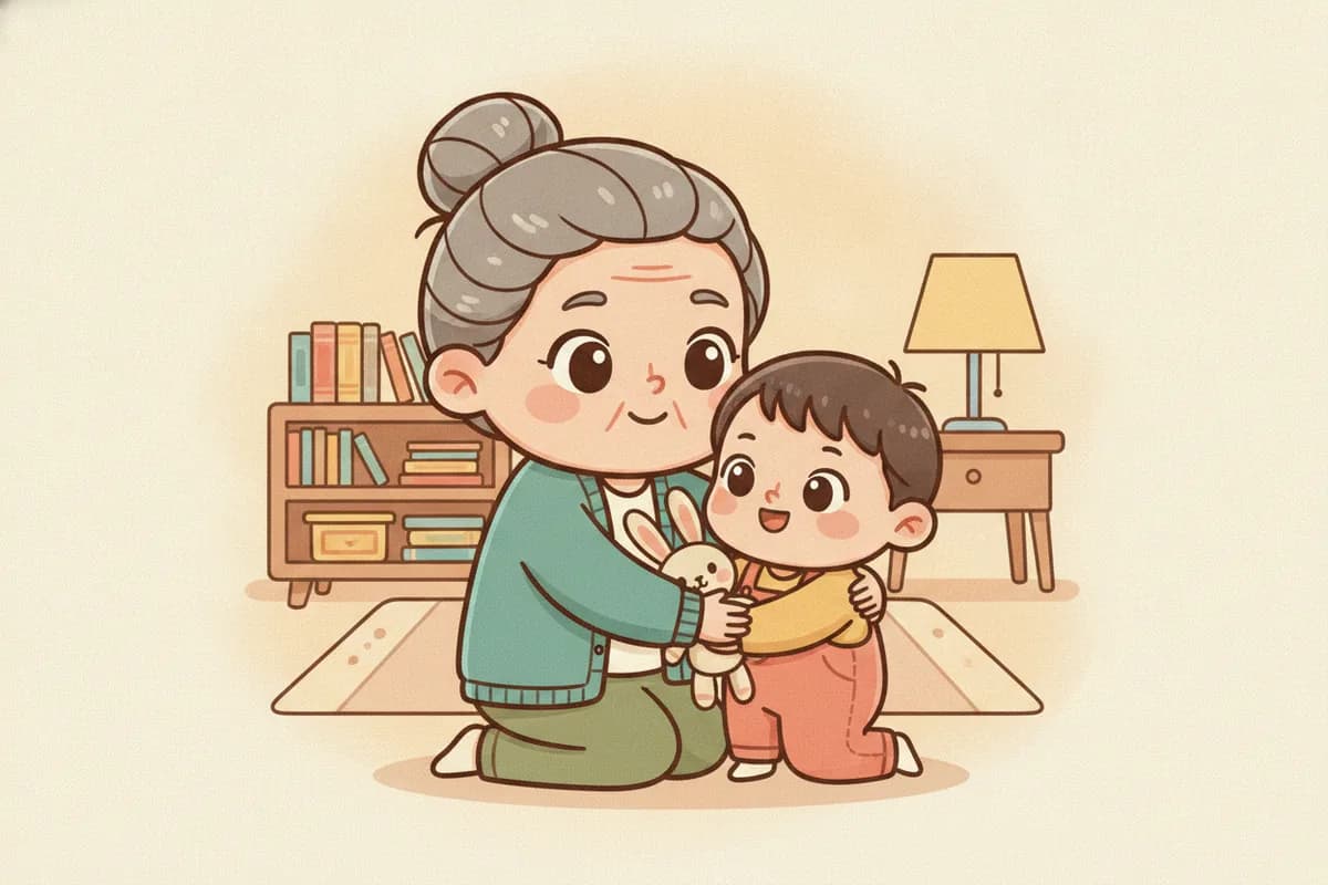 A warm chibi illustration of a grandmother hugging her toddler grandson, who holds a teddy bear, in a cozy book-lined room.