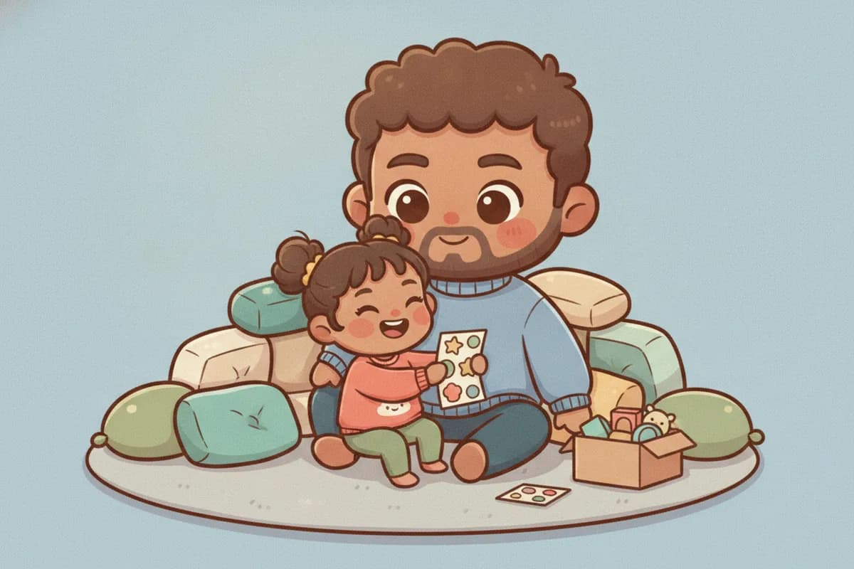 A warm chibi illustration of a father and toddler girl among floor cushions, peeling stickers off a sheet, with a box of toys beside them.