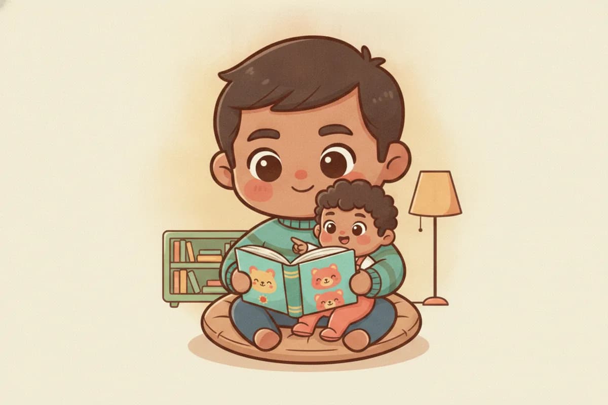 A warm chibi illustration of a father and toddler reading a well-loved bear picture book together on a floor cushion beside a lamp.
