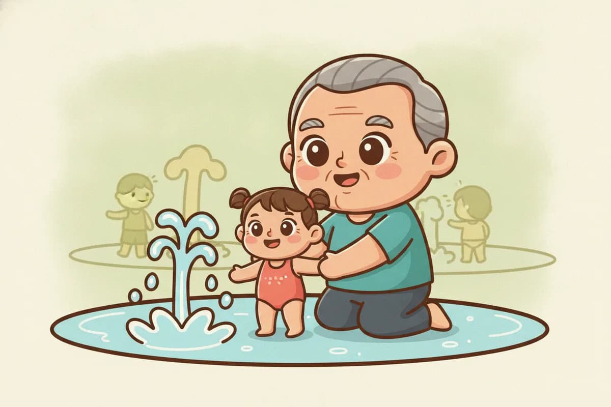 A warm chibi illustration of a grandfather kneeling beside a toddler girl at a splash pad, a fountain bubbling up next to them and other children playing in the background.